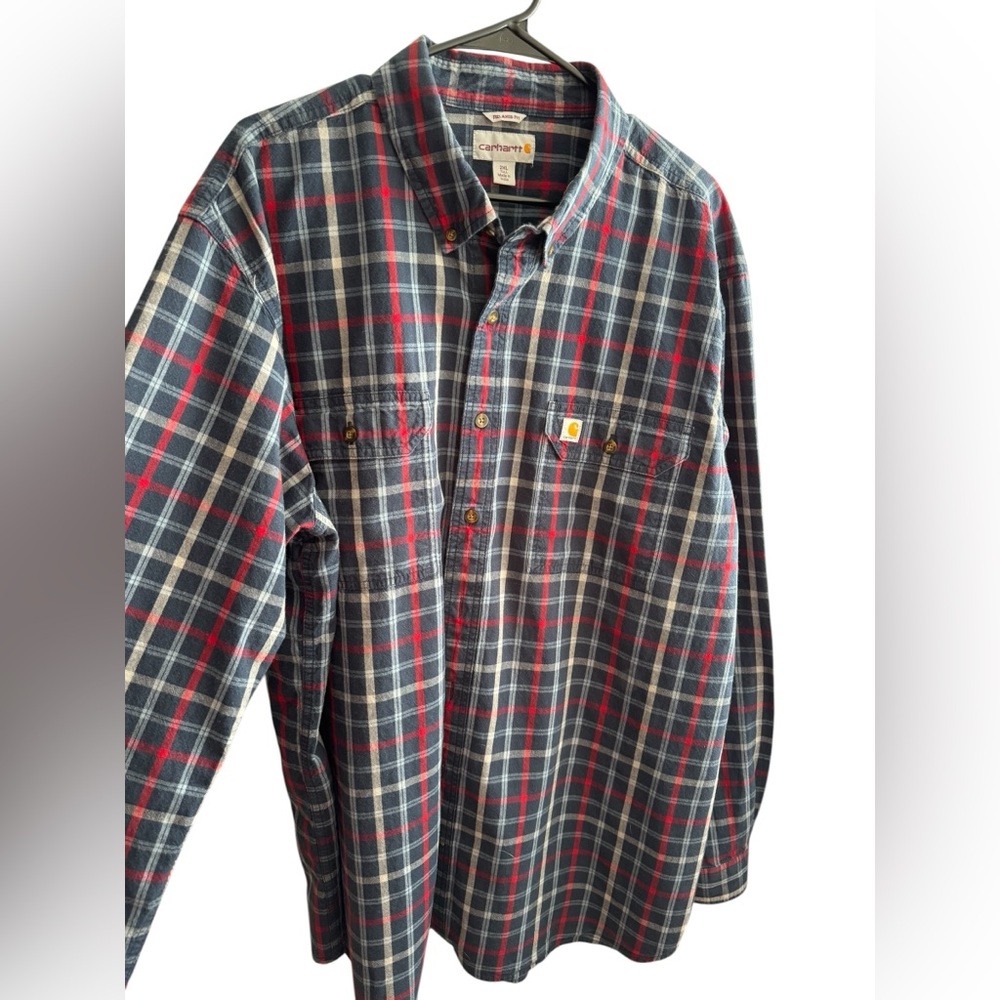 Carhartt Navy, Red & White Plaid Button-Down Work Shirt